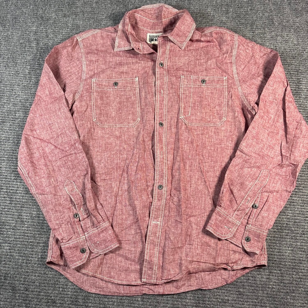 Converse One Star Button Shirt Mens M Red Excellent Contrast Stitch Long Sleeve